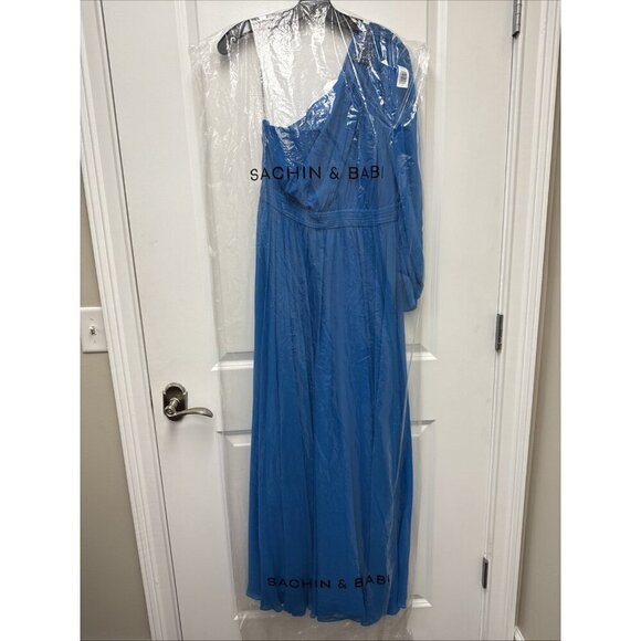 Sachin & Babi Size 2 Blue Makayla One-Shoulder Blouson-Sleeve Gown Dress Prom - Picture 12 of 15